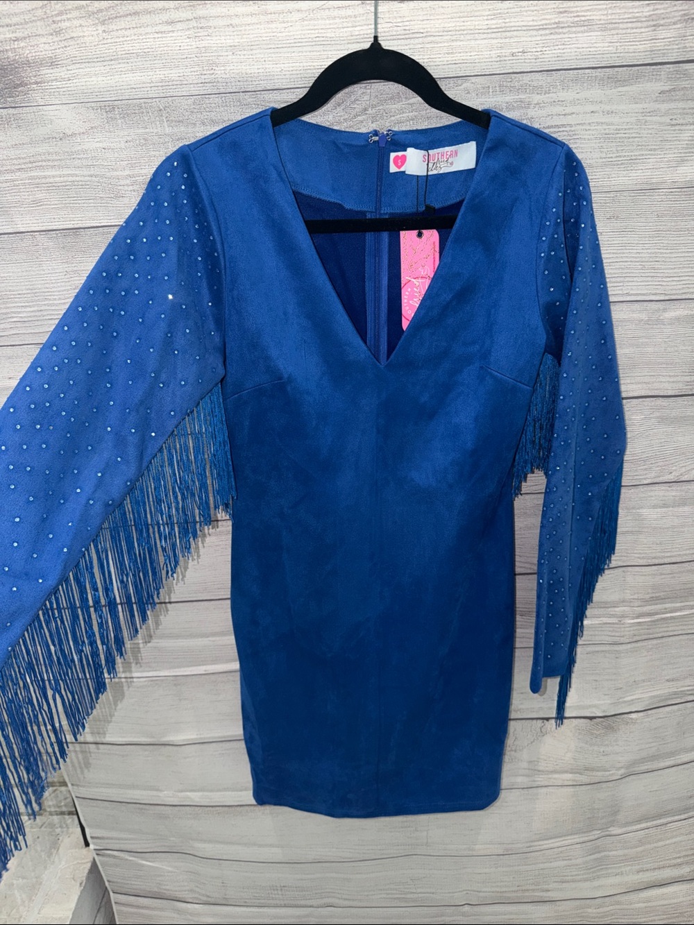 Suede Blue Fringe Midi Dress with Studded Sleeves💙⭐️💙⭐️